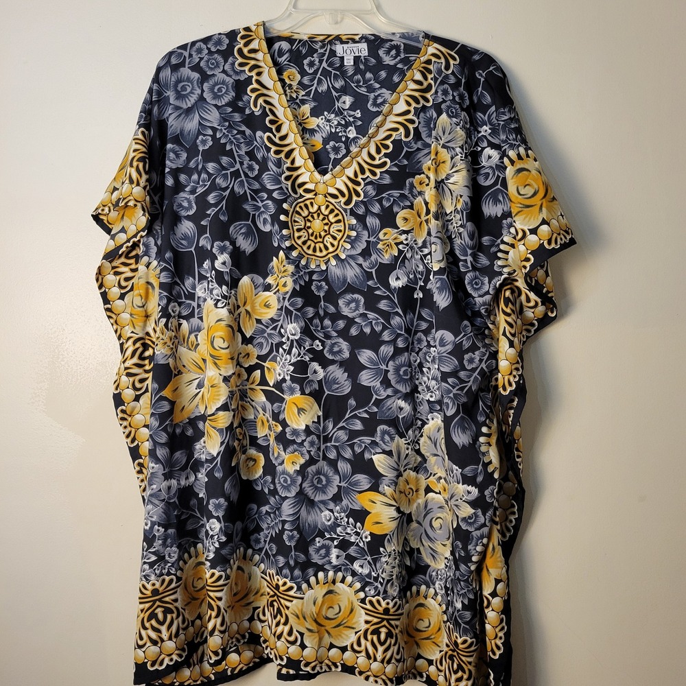 Jovie Women One Size Midi Floral Medallion Caftan Boho V-Neck Kimono Sleeve